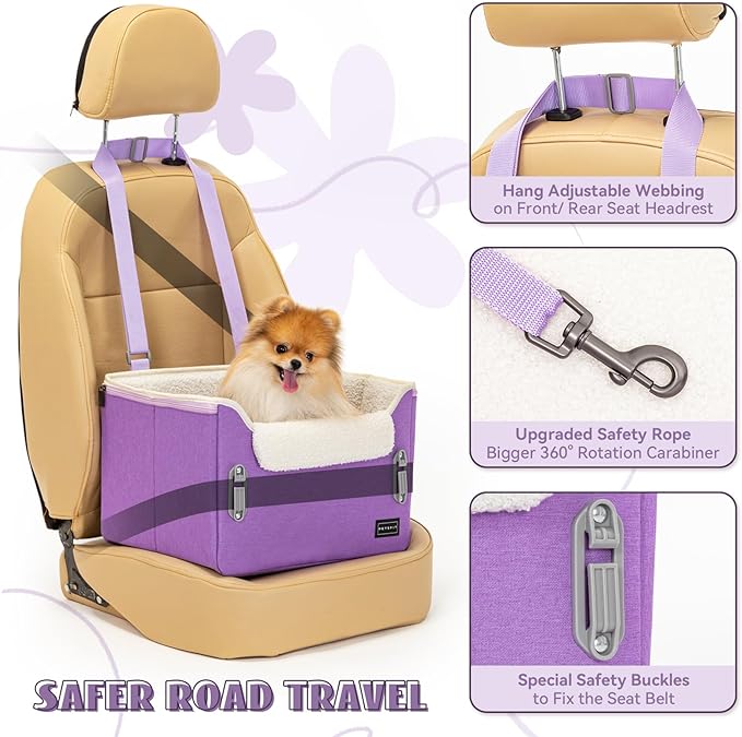 PETSFIT Small Dog Car Seat, Puppy Portable Dog Booster seat for Car with Clip-On Leash, Adjustable Straps Suitable for Small Pets Up to 25lbs (Purple)