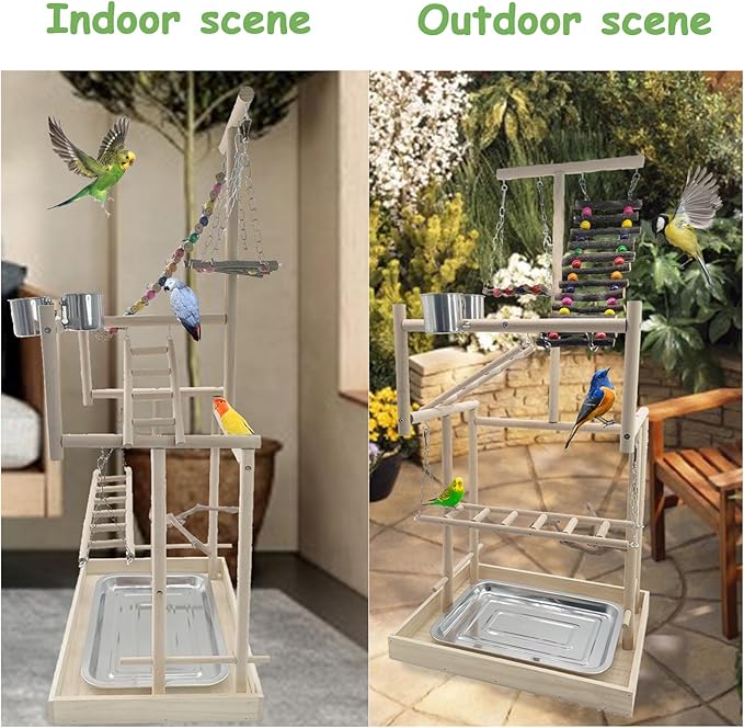 Hamiledyi 4 Layers Large Bird Playground 32" H Pet Parrot Playstand Gym Perch Wood Playpen for Parakeets Lovebirds Conure Cockatiel Cockatoos Finch Budgies or Other Small and Medium-Sized Birds