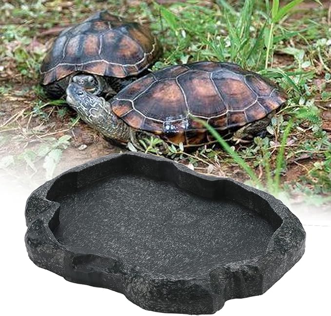 Reptile Water Dish, Resin Rock Reptile Food and Water Feeder Pet Terrarium Dish Plate Bowl Water Bowl Imitating Rock for Tortoise Lizard Iguana(M 1)