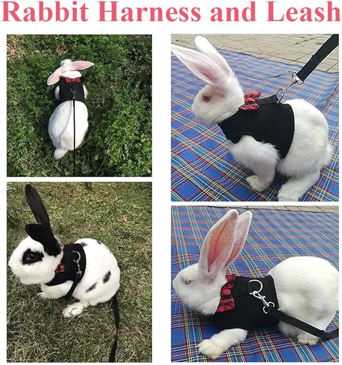 ASOCEA Adjustable Bunny Harness and Leash Soft Pet Harness Vest Cloth Lead for Small Animals Rabbits Ferret Kitten Black