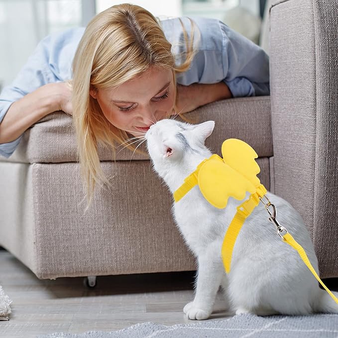 2Pcs Rabbit Harness and Leash, Adjustable Bunny Harness, Kitten Vest Harness and Leash Set, Cute Wings Pet Harness Leash Set for Bunny Puppy Kitten Ferret and Other Small Animals (Yellow+Pink)