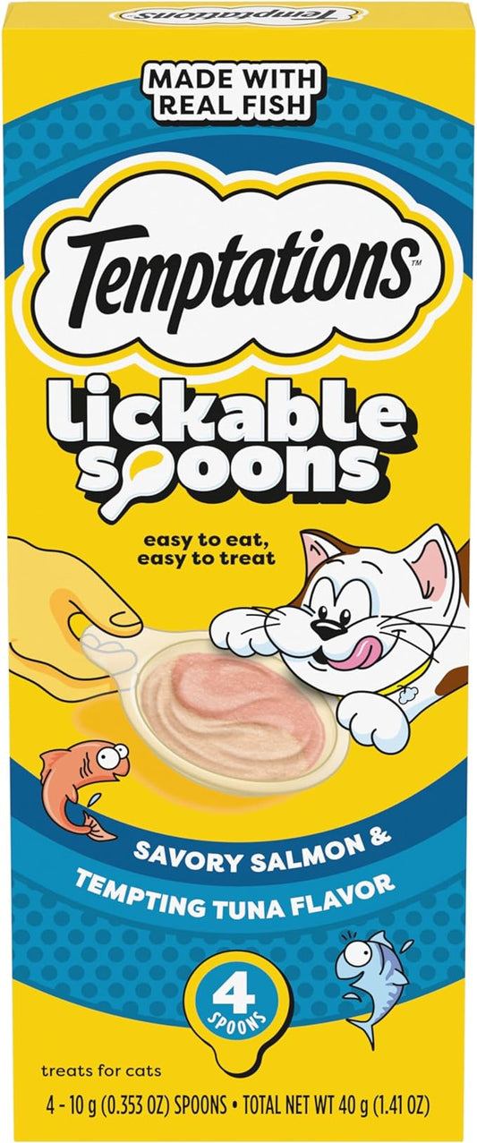 Temptations Lickable Spoons Adult Wet Cat Treat, Savory Salmon and Tempting Tuna Flavor, 10 Grams, Pack of 24 (96 Total Treats)