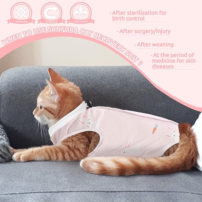 SUNFURA Cat Recovery Suit, Kitten Surgical Full Bodysuit for Abdominal Wound Protector Anti Licking After Surgery, Professional Bandages Cone E-Collar Alternative for Small Male & Female Pets