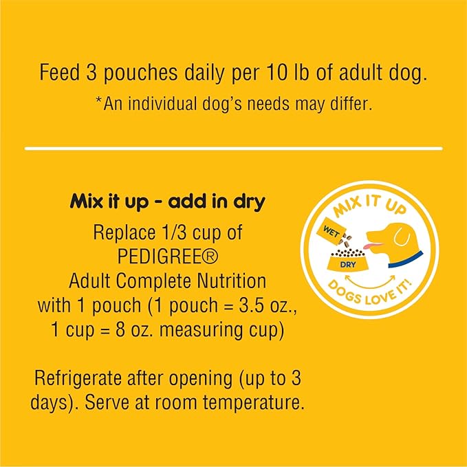 Pedigree High Protein Wet Dog Food Pouches, Beef and Pork Tenderloin Flavor Cuts in Gravy, 3.5 oz. Pouches, 16 Count