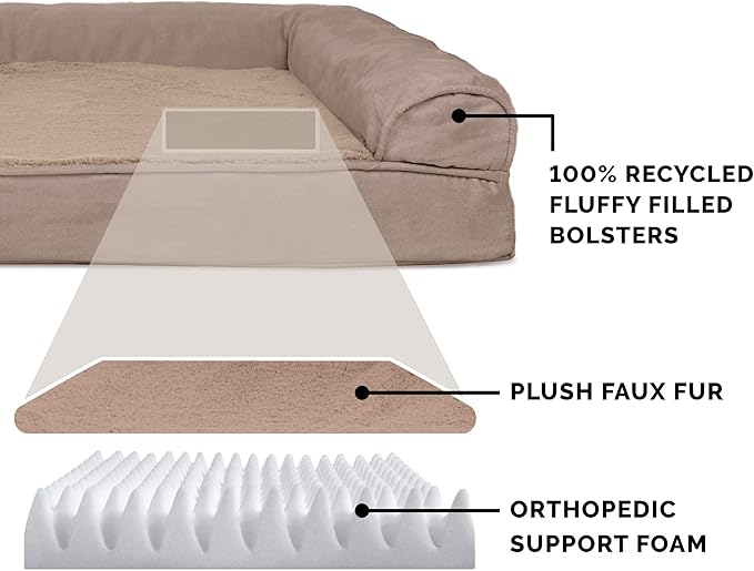 Furhaven Orthopedic Dog Bed for Large/Medium Dogs w/ Removable Bolsters & Washable Cover, For Dogs Up to 55 lbs - Plush & Suede Sofa - Almondine, Large