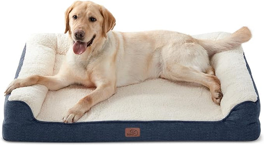 Bedsure Memory Foam Dog Bed for Extra Large Dogs - Orthopedic Egg Foam Dog Sofa Bed with Soft Sherpa Surface, Pet Couch with Removable Washable Cover, Waterproof Layer and Nonskid Bottom, Denim Blue