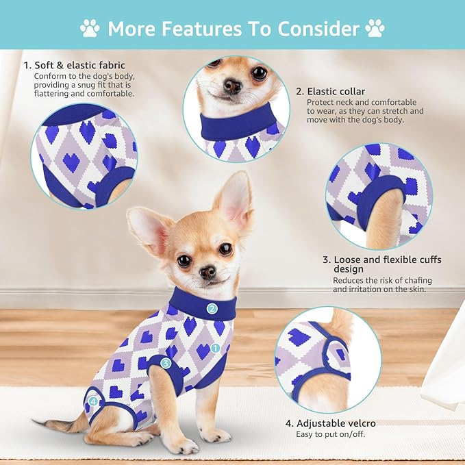 Recovery Suit for Dogs, Dog Recovery Suit Male Female Post Spay, Neuter, Abdominal Surgery Recovery Suit with an Inner Layer Pocket, Prevent Licking Soft Breathable Cotton, Blue, XS