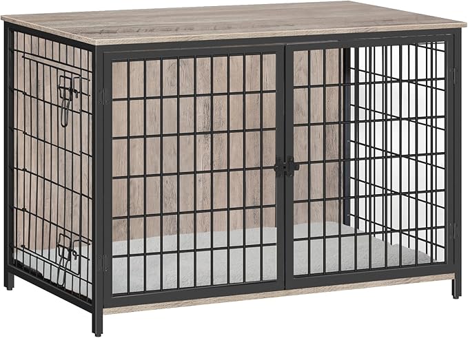 Dog Crate Furniture with Cushion, Wooden Dog Kennel with Double Doors, Heavy Duty Dog Cage for Small/Medium/Large Dogs, Indoor Dog House End Table, 39.4" L, Greige DCHG10701