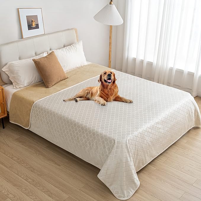 fuguitex Waterproof Dog Blanket Bed Cover Dog Crystal Velvet Moroccan Fuzzy Cozy Plush Pet Blanket Throw Blanket for Couch Sofa(82 * 102 inch, Cream+Sand)