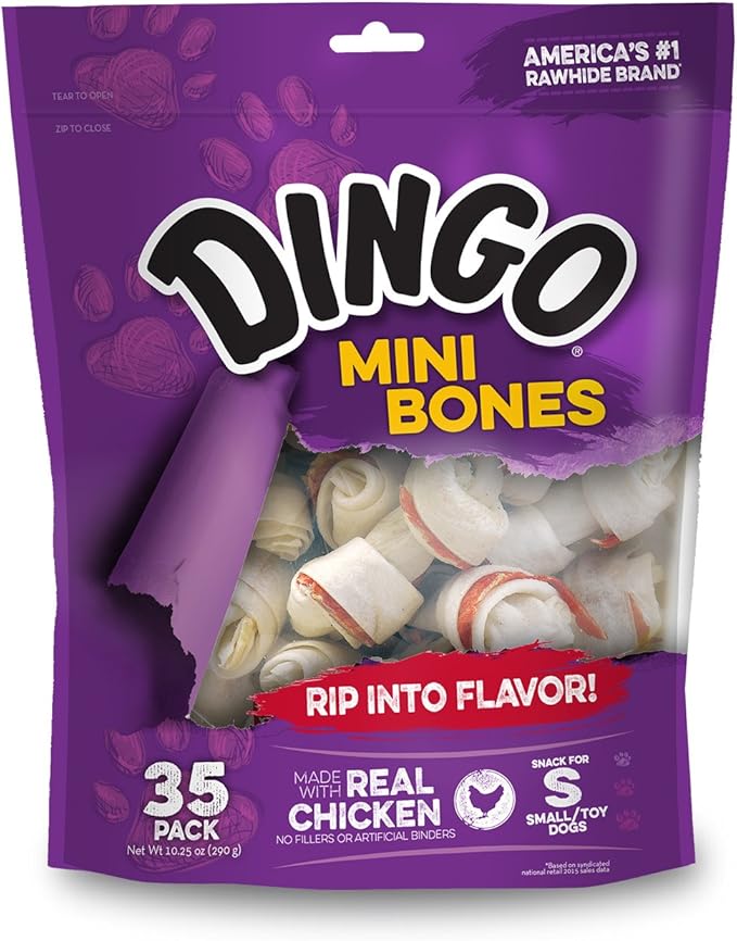 Dingo P-25002 Mini Bones, Rawhide For Small/Toy Dogs,White, 35-Count, Chicken, 0.8 pounds
