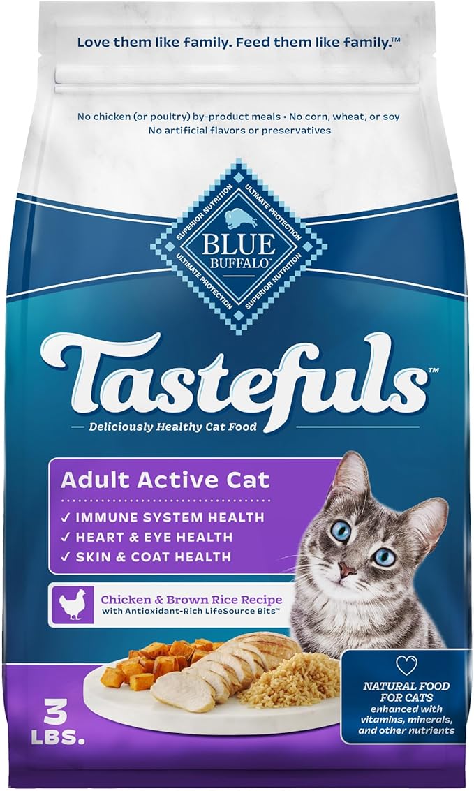 Blue Buffalo Tastefuls Active Cat Dry Cat Food, Made in the USA with Natural Ingredients, Chicken & Brown Rice Recipe, 3-lb. Bag