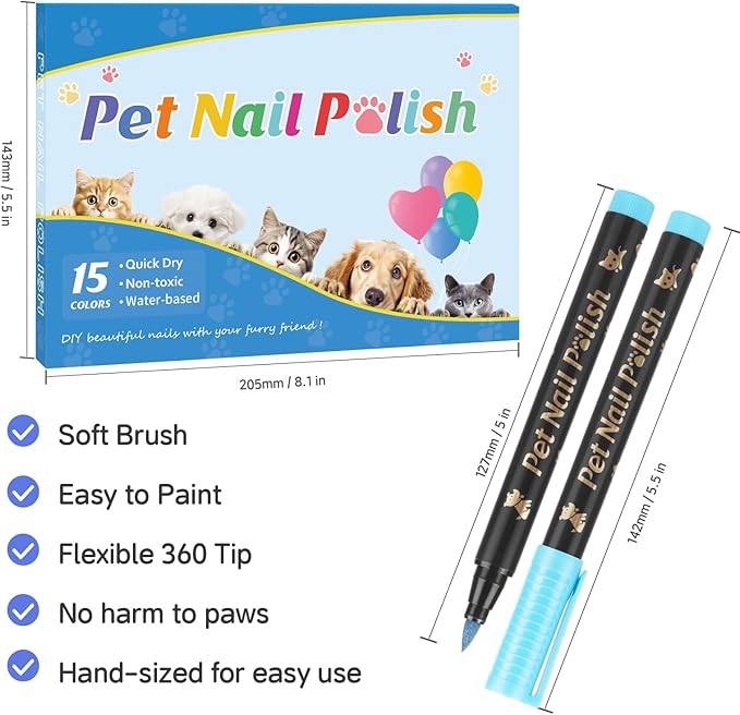 Dog Nail Polish Pens Quick Dry,15 Colors Safe Dog Nail Polish Set to DIY Pretty Nails, Ideal Gifts for Dogs Cats Light Dark Nails, Odorless, Non-Toxic, Water-Based Pet Nail Accessories Set