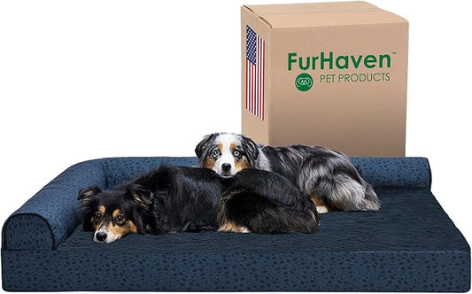 Furhaven Cooling Gel Dog Bed for Large Dogs w/ Removable Bolsters & Washable Cover, For Dogs Up to 125 lbs - Plush & Almond Print L Shaped Chaise - Blue Almonds, Jumbo Plus/XXL