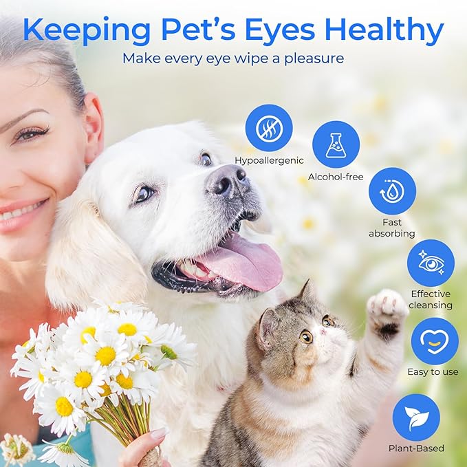 Eyes Wipes for Dogs & Cats | Face Tear Stain Remover | Gentle and pH Balanced | Aloe Pet Grooming Deodorizing Wipes for White Dogs Eye Debris, Discharge, Mucus, Crust 120pcs