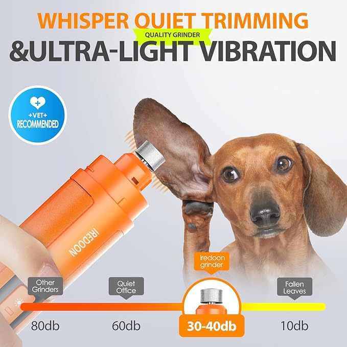 Dog Nail Grinder Upgraded - Professional 3-Speed Super Quiet and Low Vibration Electric Pet Nail Grinder with 4 LED Lights - Painless Paws Grooming & Smoothing for Small to Large Dogs (Orange)