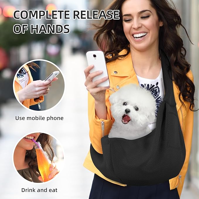 Dog Carrier Sling - Ultra Breathable Reversible Puppy Carrier Purse with Storage Pocket, Travel Safety Harness, Hand-Free Dog Sling Carrier for Carry Small Dogs and Cats, Dog and cat Harness (Black)