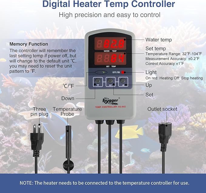 hygger Marine 500W Titanium Aquarium Heater for Salt Water and Fresh Water,Digital Submersible Heater with External IC Thermostat Controller and Thermometer,Fish Tank Heater for Fish Tank 60-120Gallon