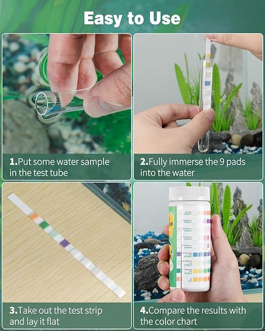 Pawfly 9 in 1 Aquarium Test Kit, Fish Tank Test Strips for pH Chlorine Nitrate Nitrite Carbonate Hardness Total Alkalinity Iron Copper, Freshwater Saltwater Test Kit