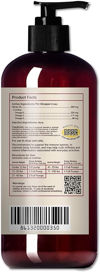 Hemp Well Hemp Thrive Oil for Dogs and Cats – 16 Ounces of Organic Hemp Oil Supplement for Dog and Cat Health, Calming, Joint Support, ImmuneHealth, and Itchy Skin Relief