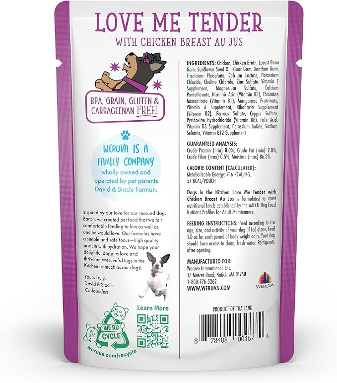 Weruva Dogs in The Kitchen, Love Me Tender with Chicken Breast Au Jus Dog Food, 2.8oz Pouch (Pack of 12), Purple