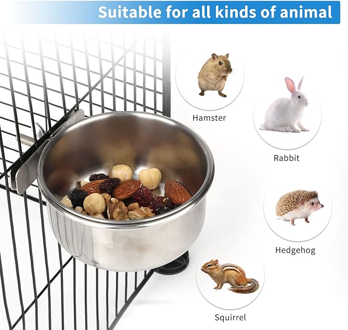 2pcs VVNIAA Stainless Steel Bird bowls, Durable Bird Water Bowl, Bird Feeding Cups, Chinchilla Food Bowl, Bird Dishes for Cage, Bird Cage Feeders and Waterers, Bird Food Bowl, Bird Bowls with Clamp.