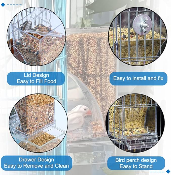 Hamiledyi No Mess Bird Cage Feeder 2Pack Automatic Parrot Seed Feeders with Perch Acrylic Transparent Seed Food Container Cage Accessories for Small and Medium Lovebirds Parakeets