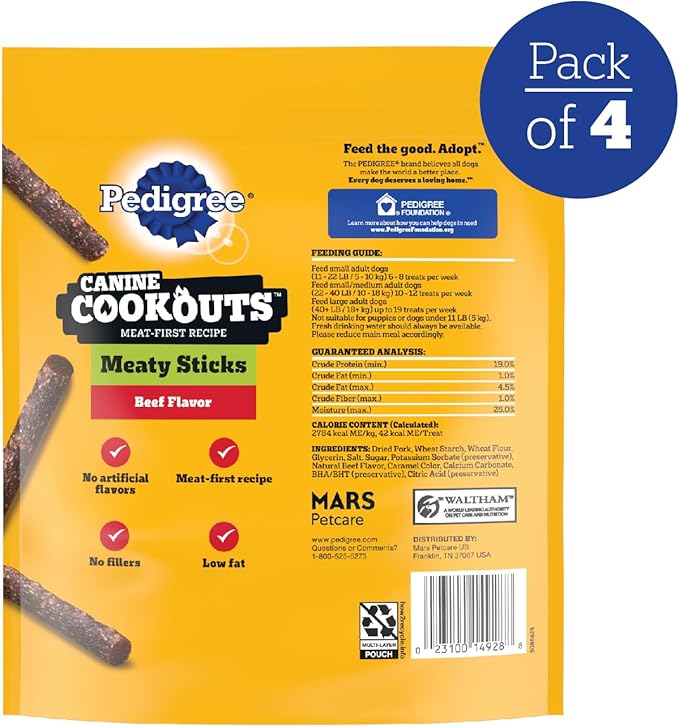 Pedigree Canine Cookout Soft Dog Treats, Beef Flavored Meaty Sticks, 18.2 oz. Bag, Pack of 4