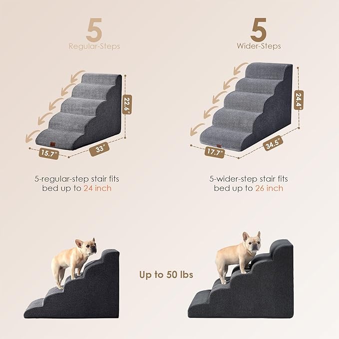 EHEYCIGA Curved Dog Stairs for High Beds, 5-Step Extra Wide Dog Steps for Small Dogs and Cats, Pet Stairs for High Bed Climbing, Non-Slip Balanced Pet Step Indoor, Grey