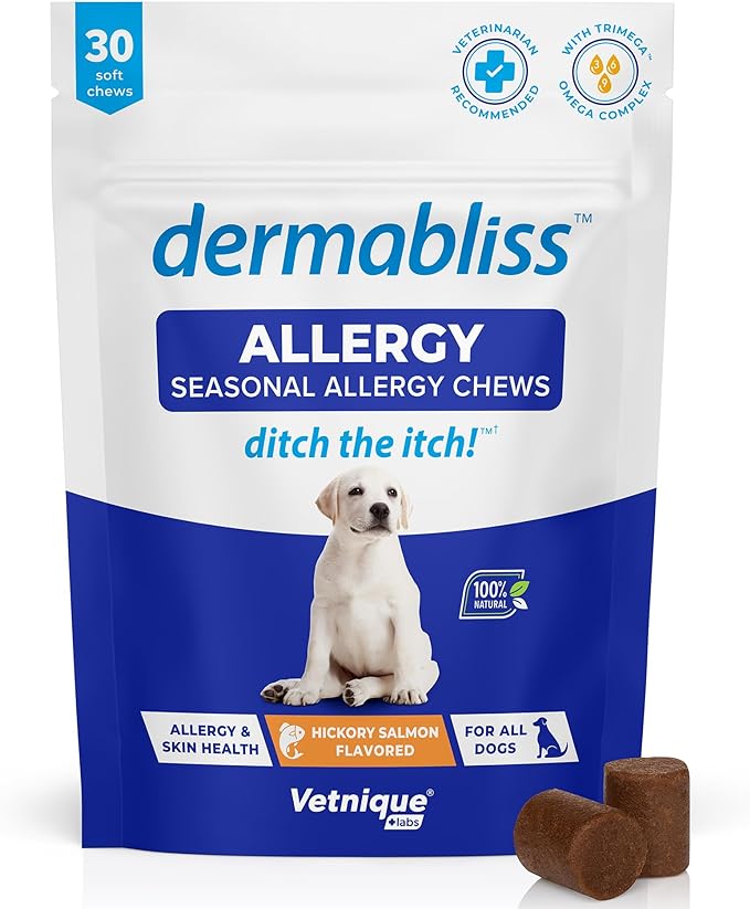 Vetnique Dermabliss Dog Allergy Relief & Immune Support Supplement Allergy Chews for Dogs Itching and Licking with Omega 3 Fish Oil & Probiotics for Itch Relief - Vet Recommended (30ct Chews)