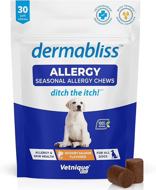 Vetnique Dermabliss Dog Allergy Relief & Immune Support Supplement Allergy Chews for Dogs Itching and Licking with Omega 3 Fish Oil & Probiotics for Itch Relief - Vet Recommended (30ct Chews)