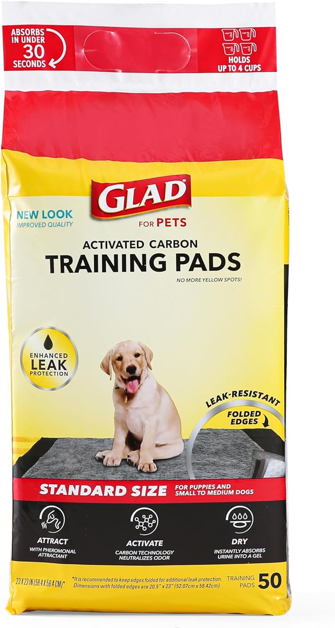 Glad for Pets Black Charcoal Puppy Pads, All-in-One | Puppy Potty Training Pads That ABSORB & NEUTRALIZE Urine Instantly | New & Improved Quality Puppy Pee Pads, 50 count