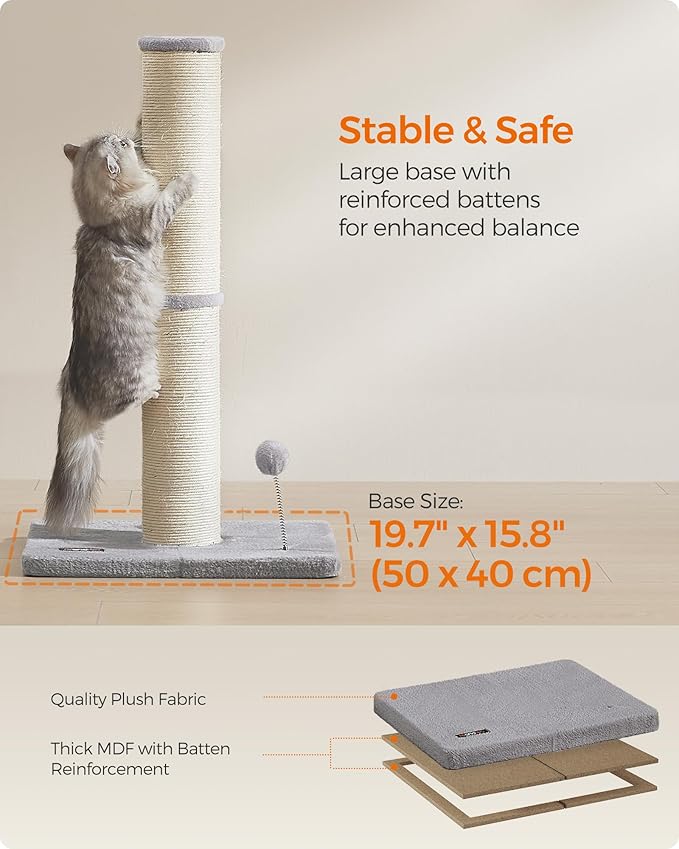 Feandrea Cat Scratching Post, 33.5-Inch Tall Cat Scratcher for Medium and Large Cats, Sisal Scratch Pole, Spring Pompom with Built-in Bell, Dove Gray UPCA041G01