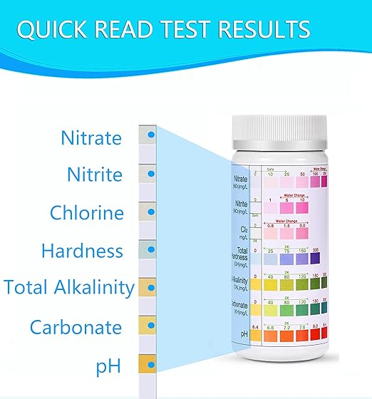 7 in 1 Aquarium Test Strips Kit - 100 Strips Use for Freshwater Fish Tank, Fish Pond, Accurate & Fast Testing pH/Nitrite/Nitrate/Chlorine/Carbonate/Total Alkalinity/Hardness