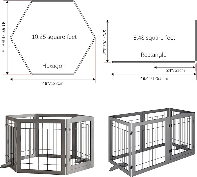 Folding Pet Gate 144" Wide, 30" Tall No-Assembly Wooden Dog Gate with Door Walk Through, Freestanding Wire Pet Gate, Pet Puppy Safety Fence, with 2PCS Support - Gray