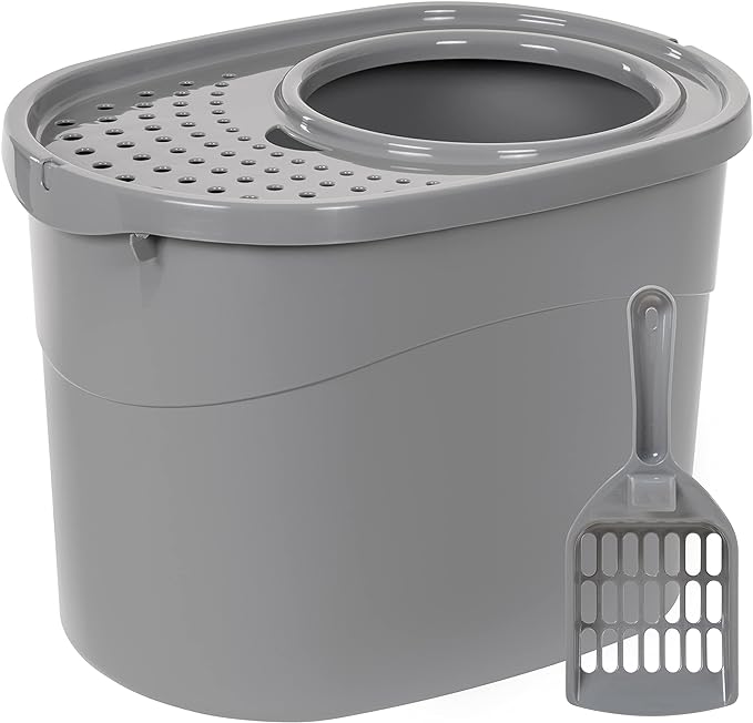 Amazon Basics Top Entry Cat Litter Box and Black Scoop, Oval, Grey, 20.5 x 14.75 x 14.38 inches