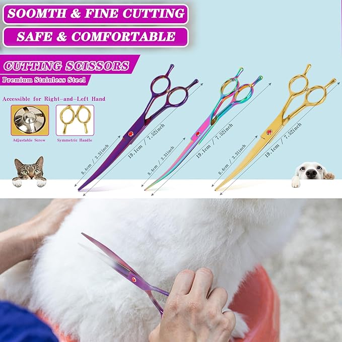 Dog Grooming Scissors Curved Hair Cutting Scissors for Dogs & Cats Made of Premium Stainless Steel (Rainbow)