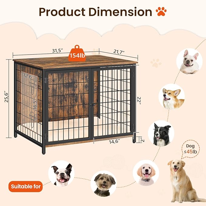 Dog Crate Furniture with Cushion, Wooden Dog Kennel with Double Doors, Heavy Duty Dog Cage for Small/Medium/Large Dogs, Indoor Dog House End Table, 31.5" L, Rustic Brown DCHR0701Z1