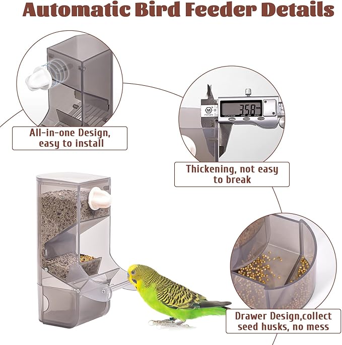 Hamiledyi Parrot Automatic Feeder No Mess Bird Feeder for Cage Parakeet Seed Food Container Plastic Lovebirds Cage Accessories for Small Conures Budgies Canary Finches(Gray)