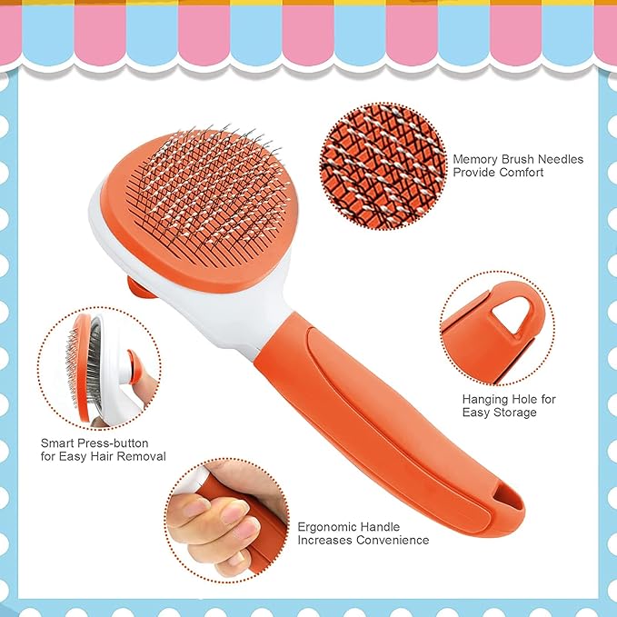 Cat Brushes for Indoor Cats, Dog Brush for Shedding with Metal Cat Comb, Self Cleaning Pet Hair Brush with Release Button for Grooming Kitten(Orange)