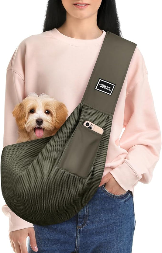 Dog Carrier Sling, Hand-Free Dog Sling Carrier for Small Dogs and Cats，Travel Safety Puppy Bag (ArmyGreen)