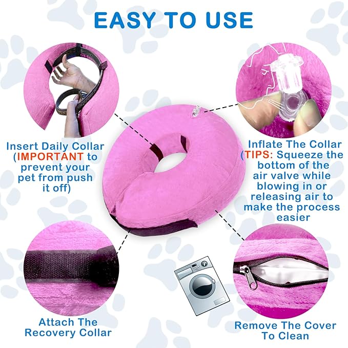 Inflatable Dog Cone Collar (M Size), Soft Blow-up Protective Recovery Dog Collar, Pet Donut Cone Collar, Comfy E-Collar After Surgery for Medium Dog to Prevent Biting Scratching, Pink