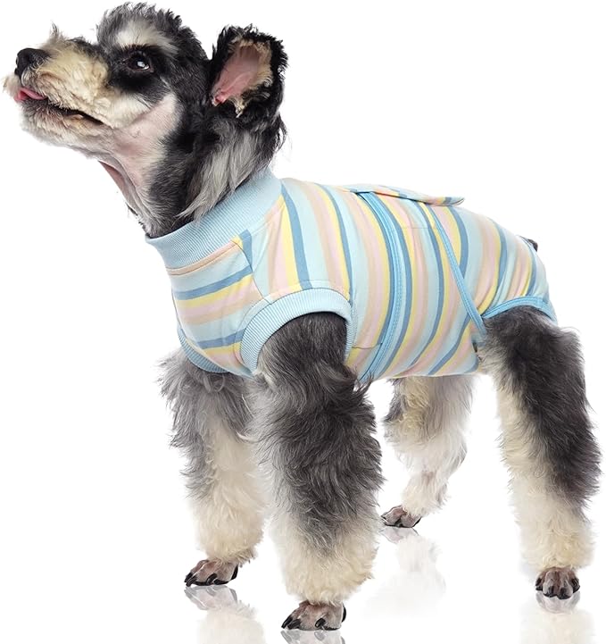 FUAMEY Recovery Suit for Dogs After Surgery,Soft Breathable Dog Bodysuit E-Collar & Cone Alternative Surgical Suit,Male Female Dog Neuter Spay Suits Anti Licking Wounds Onesie Blue Yellow Stripes S