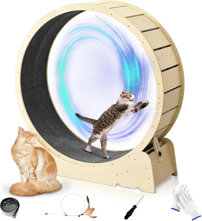 Cat Wheels for Indoor Cats, One Fast Cat Exercise Wheel Indoor, Cat Running Wheel, XLarge Cat Treadmill Wheel for Kitty, Low-Noise, Cat Wheel Exerciser, for Fitness Weight, Natural Wood (XL)