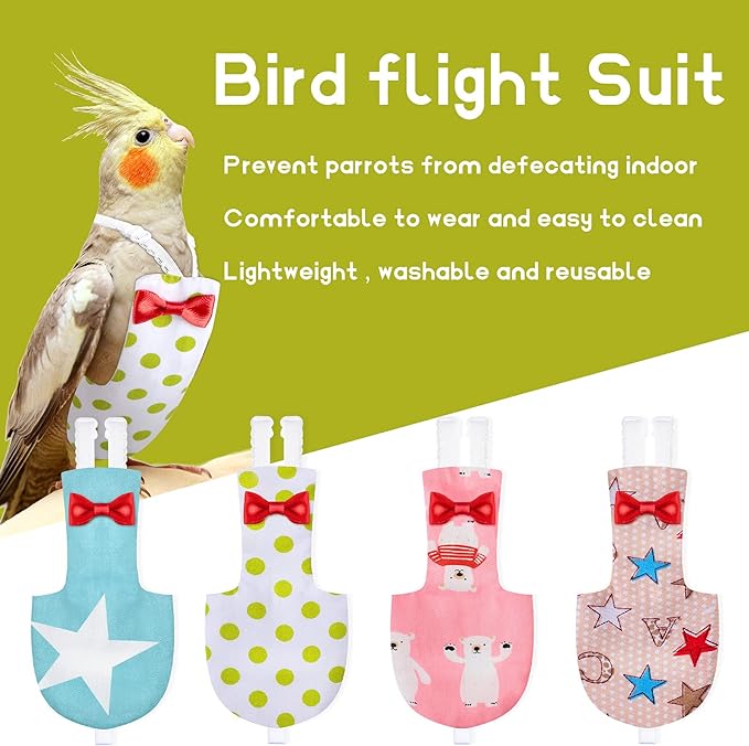 4 Pieces Bird Diapers Flight Suite Liners Washable Reusable Protective Parrot Nappy Clothes with Waterproof Inner Layer Cute Urine Wet Suit for Parrot Macaw Budgies Parakeet (Star Patterns, M)