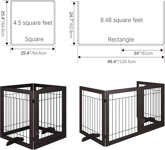 Folding Pet Gate 96" Wide, 30" Tall No-Assembly Wooden Dog Gate with Door Walk Through, Freestanding Wire Pet Gate, Pet Puppy Safety Fence, with 2PCS Support – Espresso