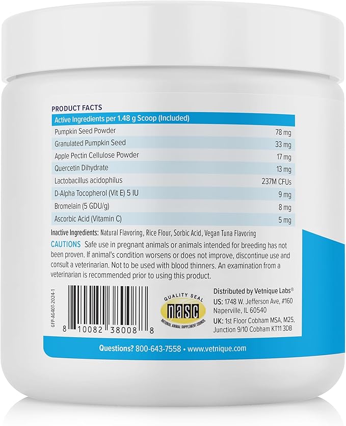 Vetnique Labs Glandex Feline Anal Gland Fiber Supplement Powder for Cats with Digestive Enzyme, Probiotics and Pumpkin, Vet Recommended for Healthy Bowels - Tuna Flavored 4.0 oz, Scoop Included