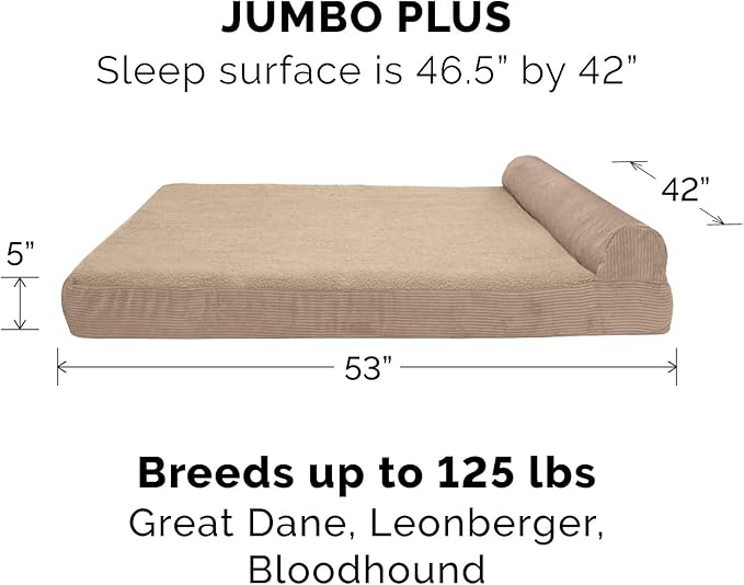 Furhaven Memory Foam Dog Bed for Large Dogs w/ Removable Bolster & Washable Cover, For Dogs UP to 125 lbs - Fleece & Corduroy Bolster Chaise - Sandstone, Jumbo Plus/XXL