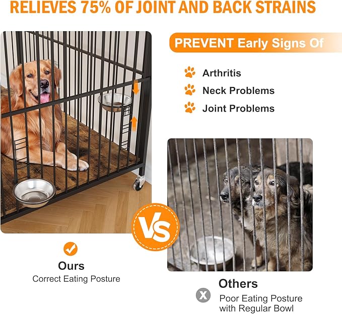 Large Dog Crate Furniture, Wooden Dog Crate End Table with Adjustable Height & 360° Rotating Feeder, Heavy Duty Dog Crate with Movable Wheels, Dog Kennel Indoor(48''L x 29.92''W x 44.29''H)