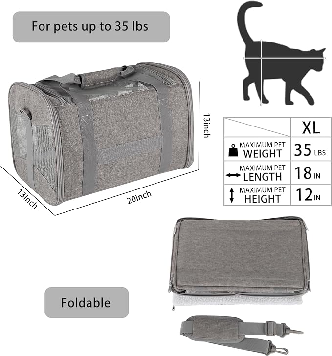 Cat Carrying Case - Pet Carrier Airline Approved, Protable and Breathable Pet Travel Carrier Removable Fleece Pad, Collapsible Cat Carrier Dog Carrier for Medium Cats Small Cats Dogs (X-Large, grey)