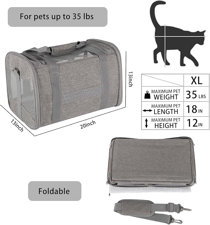 Cat Carrying Case - Pet Carrier Airline Approved, Protable and Breathable Pet Travel Carrier Removable Fleece Pad, Collapsible Cat Carrier Dog Carrier for Medium Cats Small Cats Dogs (X-L grey&black)